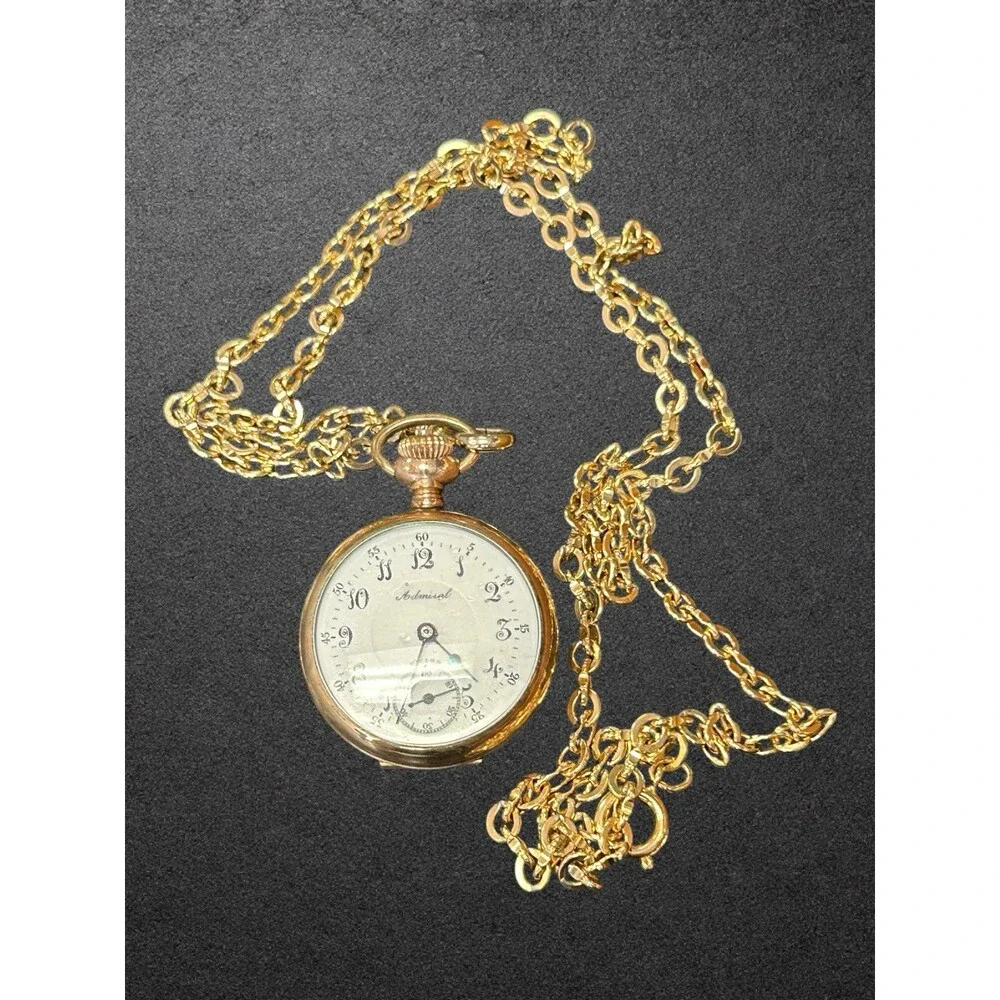 Vintage Admiral Swiss Pocket Watch Gold Tone w/ Chain Monogrammed Back